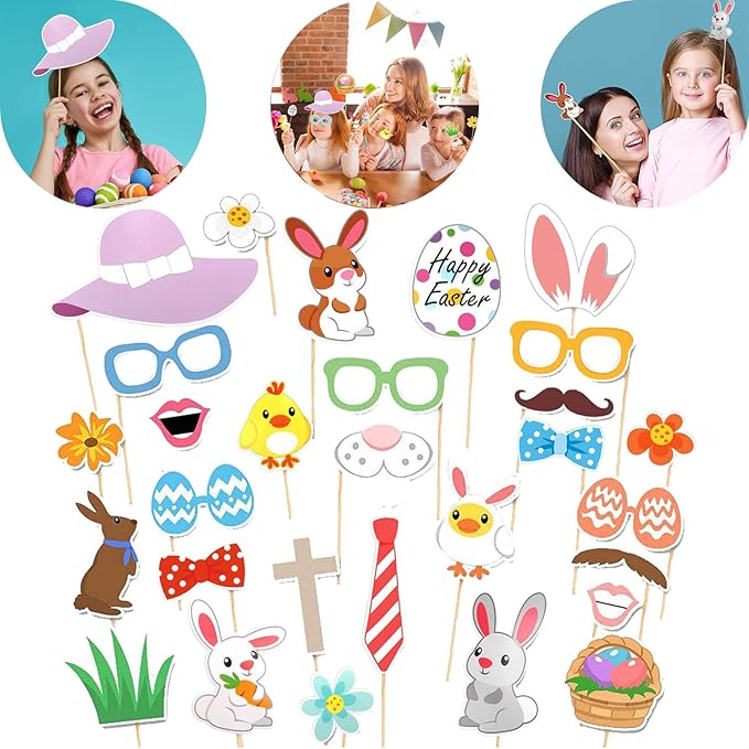29Pcs DIY Photo Booth Props Kit - Attached Sticks Easter Props for Party Supply with Hat, Glasses, Lips, Mustaches & More Decoration Accessories