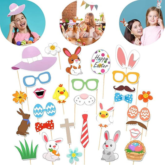 29Pcs DIY Photo Booth Props Kit - Attached Sticks Easter Props for Party Supply with Hat, Glasses, Lips, Mustaches & More Decoration Accessories