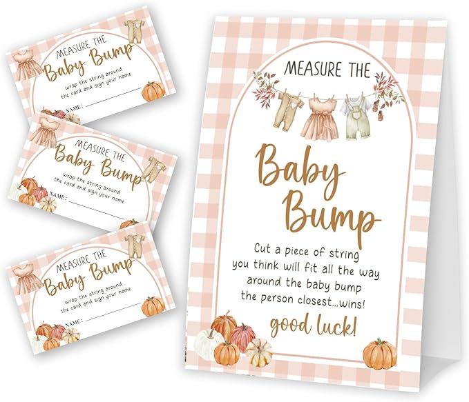 Pumpkin Measure The Baby Bump - Thanksgiving Baby Shower Card Set (1 Sign With 50 Guess Cards), Fall Gender Reveal Party Favor Supplies -A21