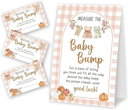 Pumpkin Measure The Baby Bump - Thanksgiving Baby Shower Card Set (1 Sign With 50 Guess Cards), Fall Gender Reveal Party Favor Supplies -A21