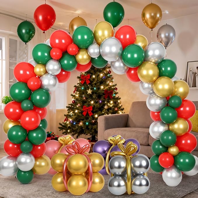 110 PCS Christmas Balloon Arch Garland Kit, Xmas Red Green White Gold Purple Silver Rose Latex Balloons for New Year Winter Holiday Birthday Party Decorations