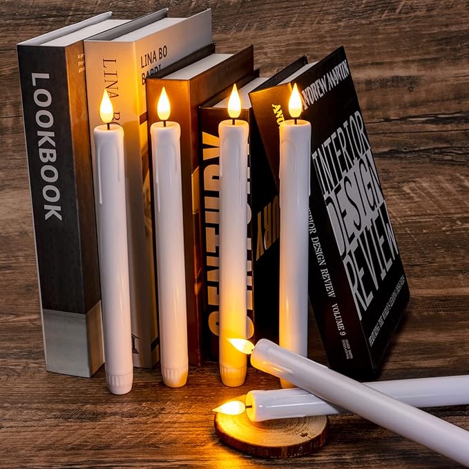 Homemory 48 Pcs Plastic Flameless Taper Candles with Remote Timer Dimmer, Taper Candles Battery Operated with Flickering Light, White Led Candlesticks for Wedding Party Holiday Decoration 9.6 Inches