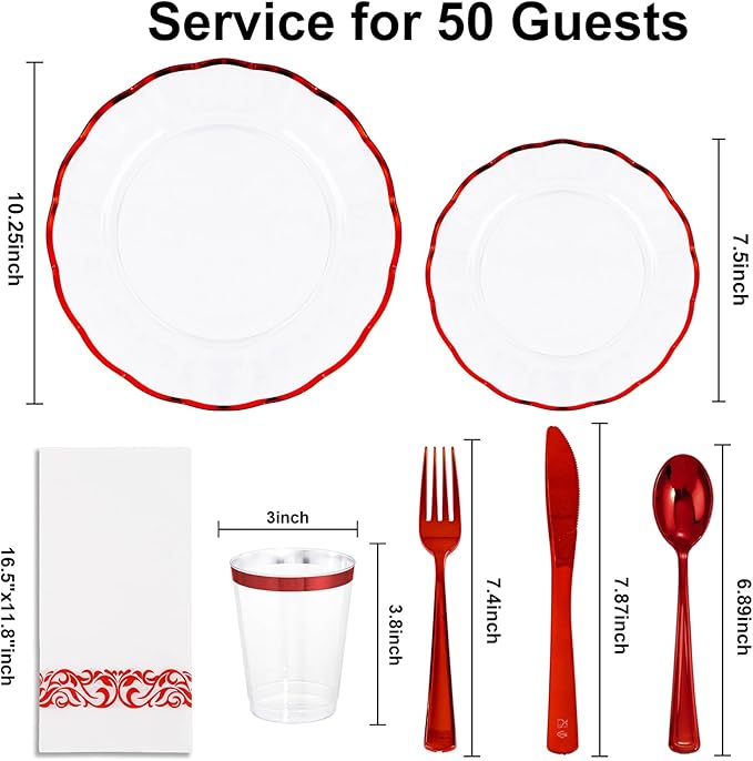 LIYH 350 Pcs Red Plastic Christmas Dinnerware Set for 50 Guests, Disposable Plastic Red Plates for Christmas Day Include: Dinner & Dessert Plates, Napkins, Cups, Silverware for Party Birthday
