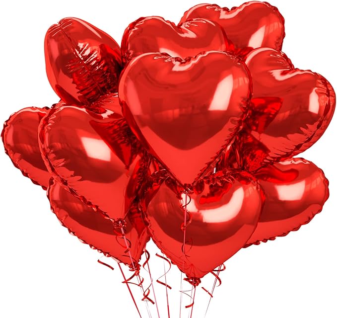 Biapian Foil Heart Balloons Red, 10PCS Red Heart Shape Balloons, Valentines Balloons 18inch Red Foil Balloons for Helium Valentine Decorations for Valentines Day, Wedding, Anniversary Decoration