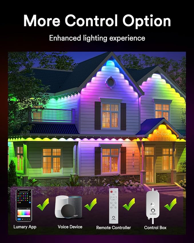Lumary Permanent Outdoor Lights Pro with Remote, 105ft with 80LED 4000lm RGBAICW Smart Eave Lights, Work with Alexa Google IP67 Waterproof, Multi Scenes for Daily & Accent Lighting Chirstmas Decor