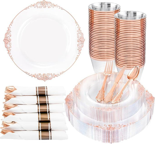 Nervure 175PCS Rose Gold Plastic Plates - Disposable Rose Gold Party Plates & Pre Rolled Napkins with Cutlery for 25 Guests, 50Plates, 75Silverware, 25Cups, 25Napkin for Wedding & Party