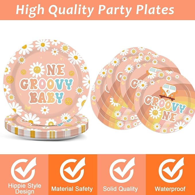 96PCS One Groovy Birthday Party Decorations Groovy One Party Paper Plates Napkins for Girls Daisy Flower Hippie 1st Tableware for Newborn Retro Boho Baby Shower Party Decor Supplies