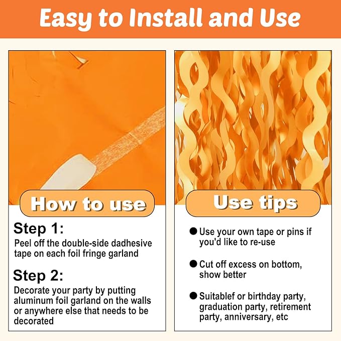 6 Pack 10 Feet Macaron Orange Wave Foil Fringe Garland Metallic Tinsel Streamers Banner Wall Hanging Curtain Backdrop for Parade Floats, Mother's Day, Easter, Wedding, Birthday Party Decoration