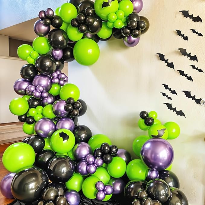 Halloween Balloon Arch Garland Kit, Black Green Purple Metallic Confetti Ghost Witch Foil Balloons with 3D Bat Stickers for Halloween Baby Shower Party Decorations Cosplay Theme Party