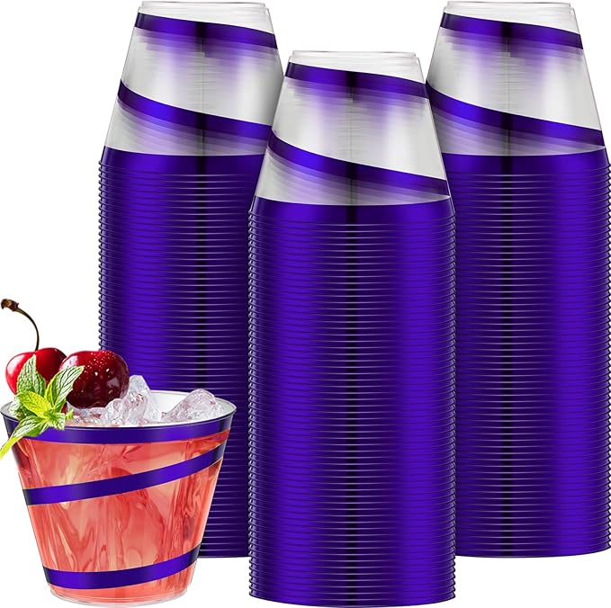 Gejoy 9 oz Rimmed Swirl Plastic Cups Disposable Wine Drinking Cups Clear Elegant Halloween Tumblers for Christmas Party Supplies(Purple,100 Pcs)