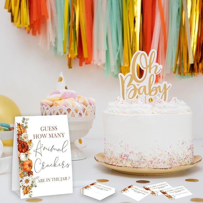 Little Pumpkin Guess How Many Animal Crackers - Thanksgiving Baby Shower Card Set (1 Sign With 50 Guess Cards), Fall Gender Reveal Party Favor Supplies -A14