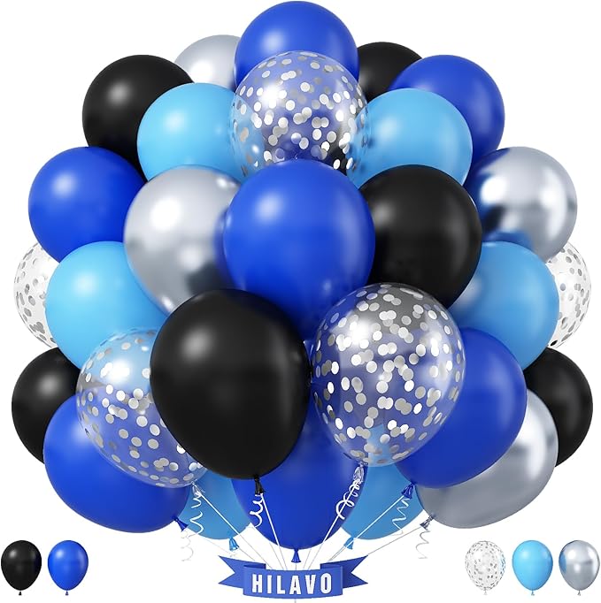 Blue Black Balloons 60 Pcs Royal Blue Black and Metallic Silver Confetti Balloons 12 Inch Video Game Outer Space Balloon for Boys Men Boss Graduation Retirement Baby Shower Birthday Party Decorations