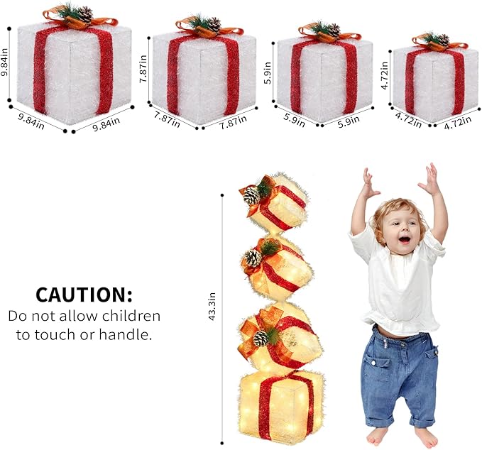Christmas Lighted Gift Boxes Decorations Set of 4, 3.6Ft Stackable Christmas Nesting Boxes Battery Operated with Timer for Home and Party Decoration