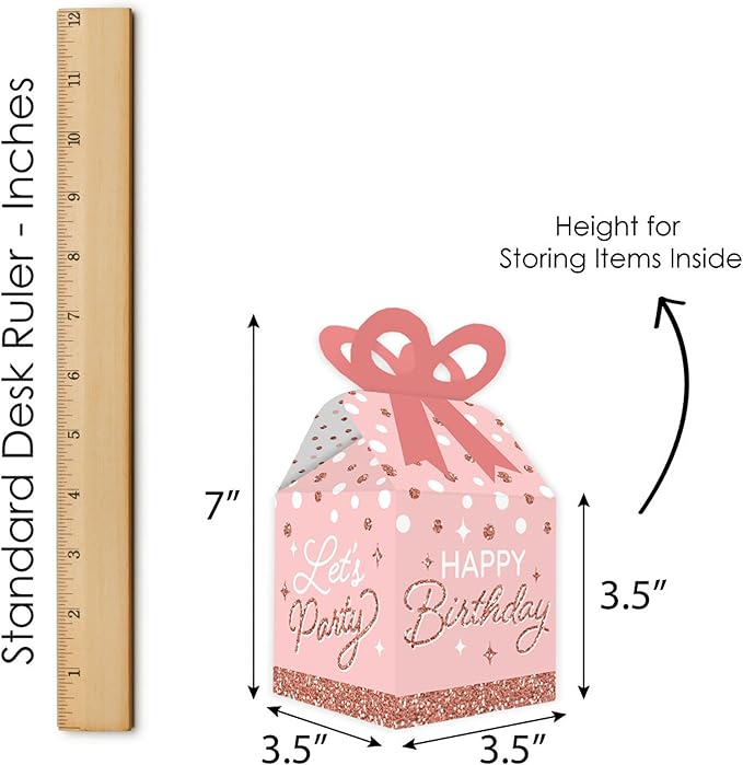 Big Dot of Happiness Pink Rose Gold Birthday - Square Favor Gift Boxes - Happy Birthday Party Bow Boxes - Set of 12