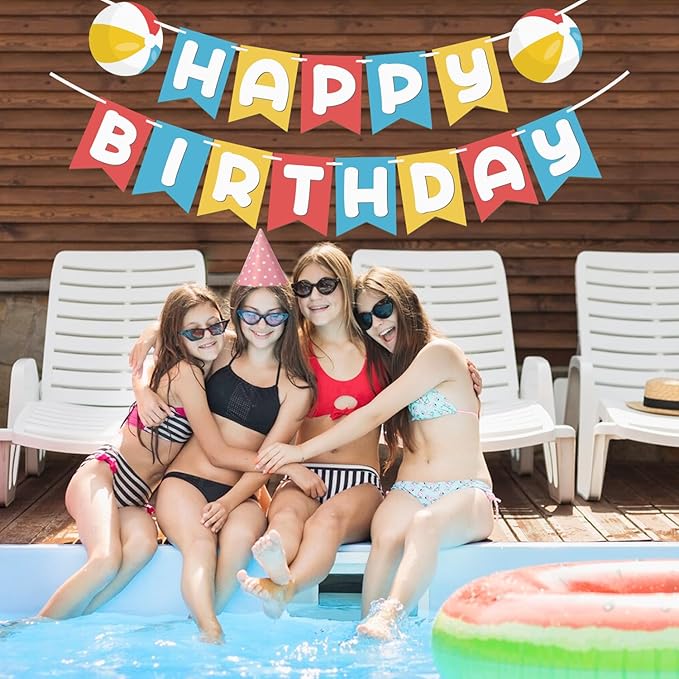 Beach Ball Happy Birthday Banner, 2-Piece Summer Pool Birthday Party Decoration, Beach Ball Colorful Happy Birthday Hanging Banner (Multicolor)