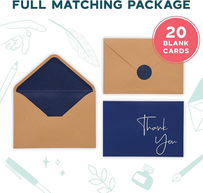 VNS Creations 50 Pack Thank You Cards With Envelopes, Stickers, 3.5x5 Inch Blank Thank You Notes - Bulk Box Set Notes for Graduation, Wedding, Small Business, Baby & Bridal Shower Card - Navy Blue