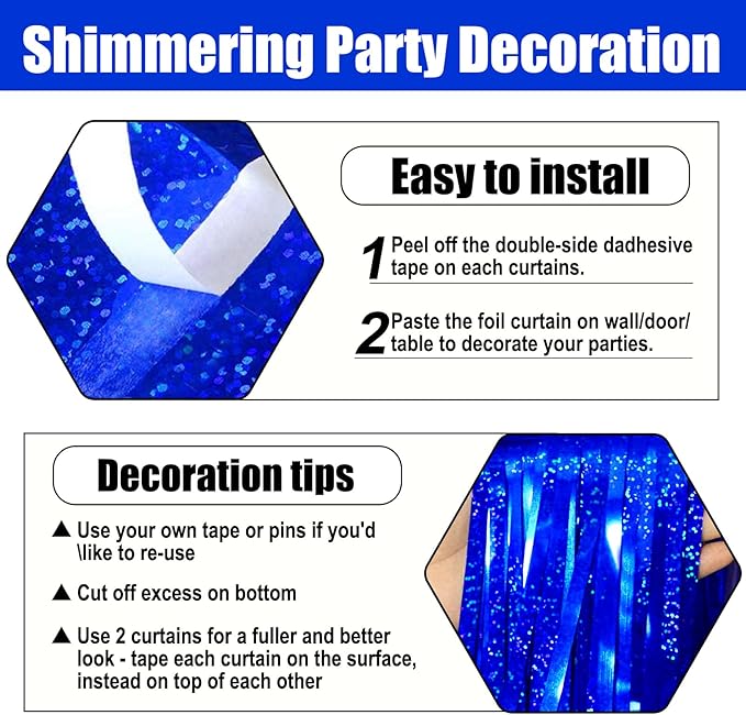 3 Pack Blue Foil Fringe Curtain Backdrop, 3.28Ft x 8.2Ft Metallic Tinsel Foil Fringe Streamer Curtains for Photo Booth, Mother's Day, Easter, Birthday, Wedding Party Decorations