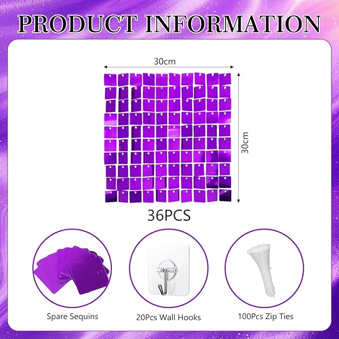 36 PCS Purple Shimmer Wall Backdrop, Square Sequin Photo Backdrops Panel, Glitter Wall Background for Birthdays, Weddings, Halloween, Engagements, Disco Bachelorette Party Decoration (6FTx6FT)