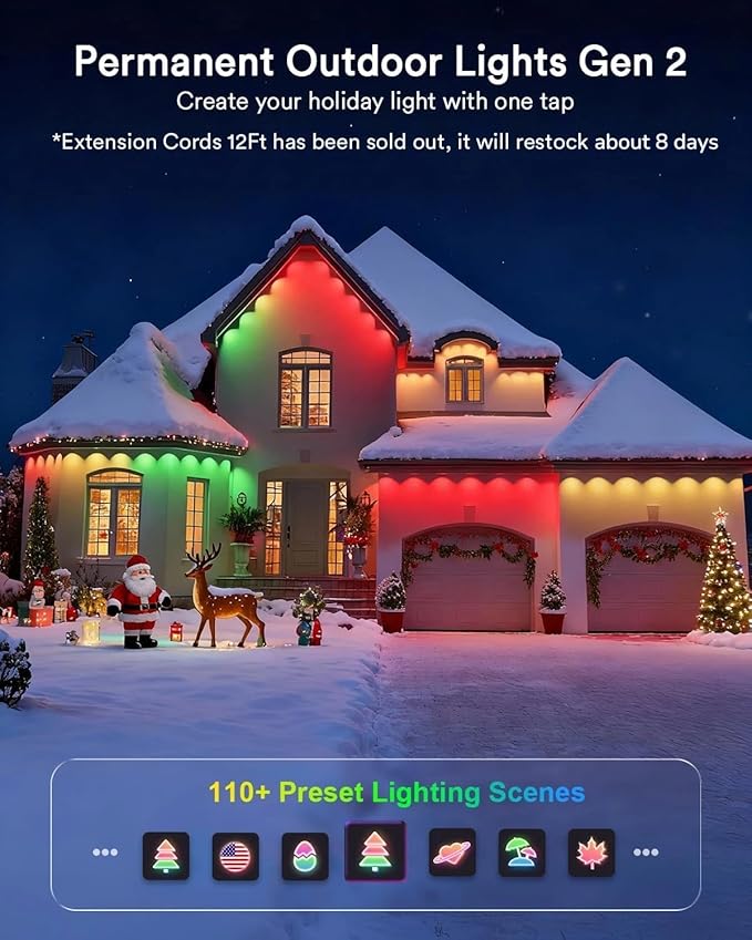 Lumary Smart Permanent Outdoor Lights 2 with Remote & Slide-Base, 50ft with 30 RGBAICW LEDs 1800lm for Daily & Accent Lighting, Work with Alexa Google, 110+ Scene for Halloween Christmas Decor, White