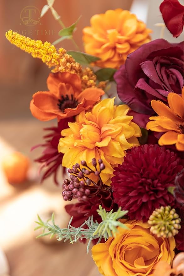 TINGE TIME Silk Fake Flowers Combo, Fake Foam Dahlia with Stems for DIY Wedding Bouquets Centerpieces Baby Shower Party Home Decorations(Burgundy & Burnt Orange)