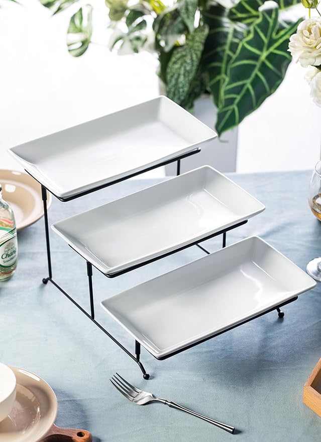 LYEOBOH Tiered Serving Stand and Platters Set, Large Tiered Tray Stand, 3 Tier Serving Tray with Collapsible Sturdier Rack, 12 Inches Tier Serving Platter for Party, Display, Dessert, and Cupcake