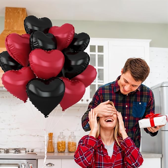Black Red Heart Balloons,12Pcs 18Inch Black Metallic Red Heart Shaped Foil Balloons for Birthday Valentine's Day Anniversary Wedding Engagement Party Decorations