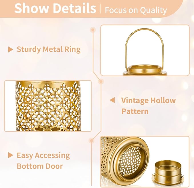 NUPTIO Decorative Candle Lanterns Gold: 2 Pcs Hanging Metal Tea Light Candles Holder 4.1inch Small Vintage Tealight Lantern Centerpiece for Christmas Wedding Party Table Decorations (Style 1)