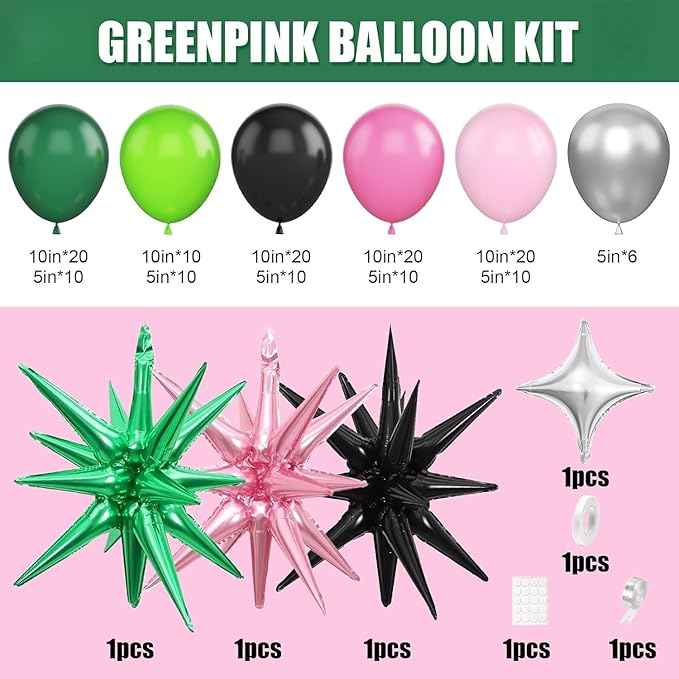 Pink Green Black Balloon Arch Kit with Star Foil Balloons, 155 PCS Witch Theme Party Balloon Garland for Girls Princess Witch Theme Birthday Party Backdrop Decorations Supplies