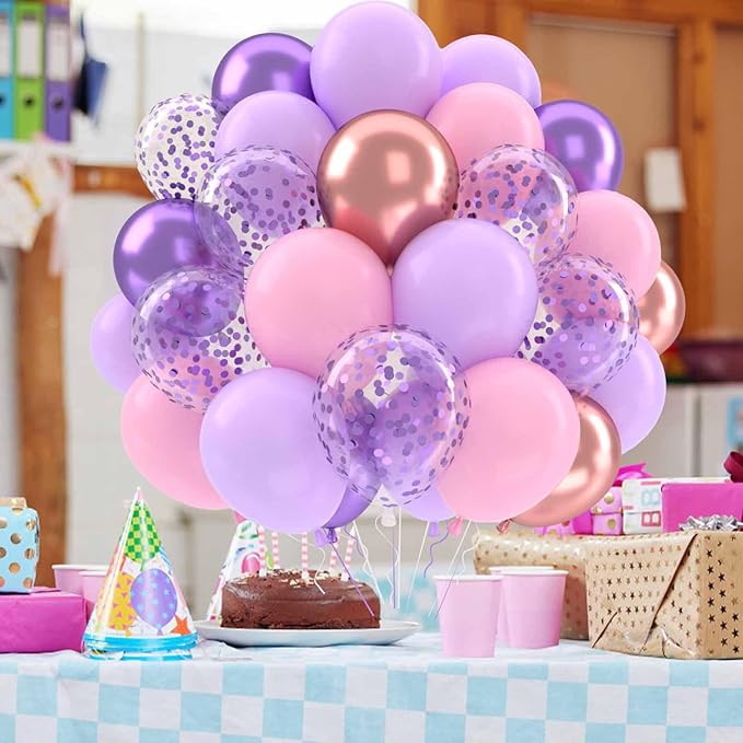 Patimate Purple and Pink Balloons Set, 50 pcs 12 inch Metallic Rose Gold Purple Pastel Pink Purple Confetti Latex Balloons Kit for Girl Birthday Baby Shower Wedding Party Decorations