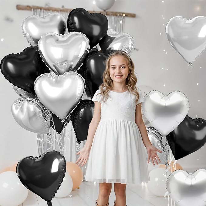 Black Silver Heart Balloons, 10 Pcs 18 Inch Metallic Silver Black Heart Shaped Balloon Foil Balloons Helium for Boys Men Brithday Bridal Baby Shower Valentines Day Halloween Party Decorations