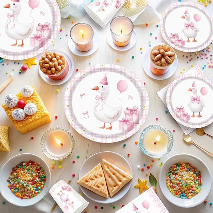 140pcs Pink Pet Duck Birthday Decorations Supplies, Disposable Paper Dinnerware Set Paper Plates Napkins Cups Set for 20 Guests Duck