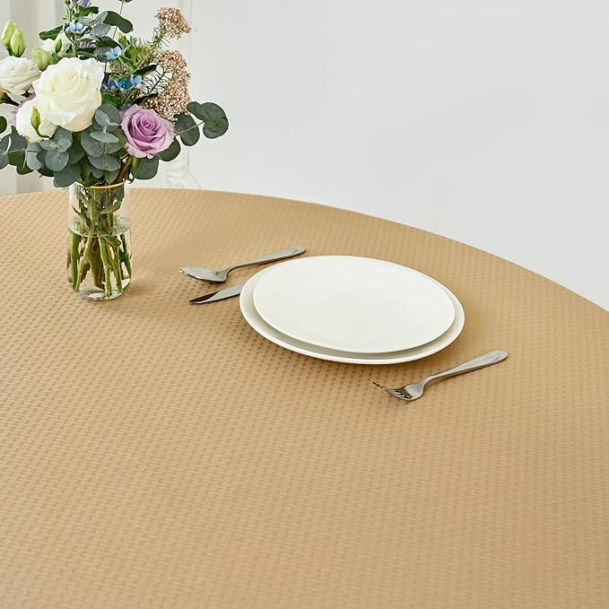 maxmill Round Weaved Texture Design Tablecloth Spill-Proof Wrinkle Free Soft Washable Table Cloth for Circular Table Cover, for Dining Room Buffet Banquet Parties Holiday Dinner, 70 Inch Beige