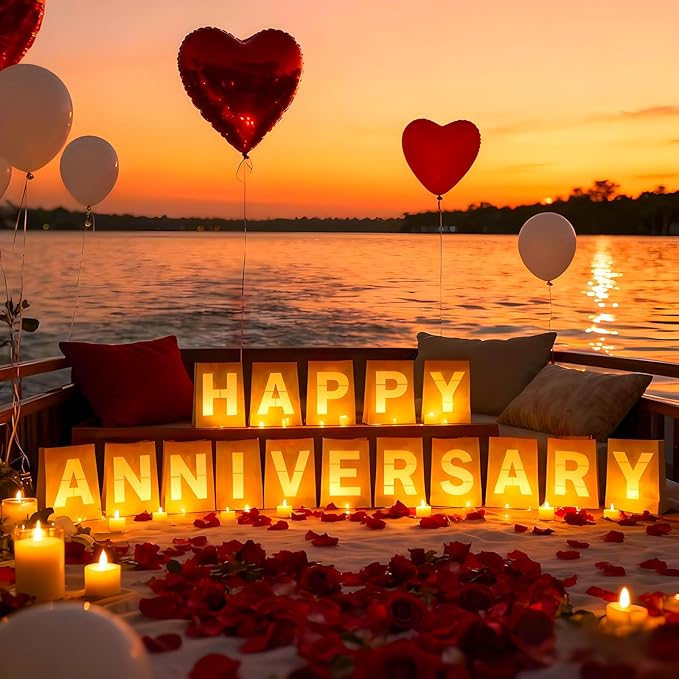 Happy Anniversary Light Up Letters, Include Light up Letters, with Tea Lights Candles, Latex Balloons, Aluminum Balloons and Rose Petals, Anniversary and Valentines' Day Decorations for Women