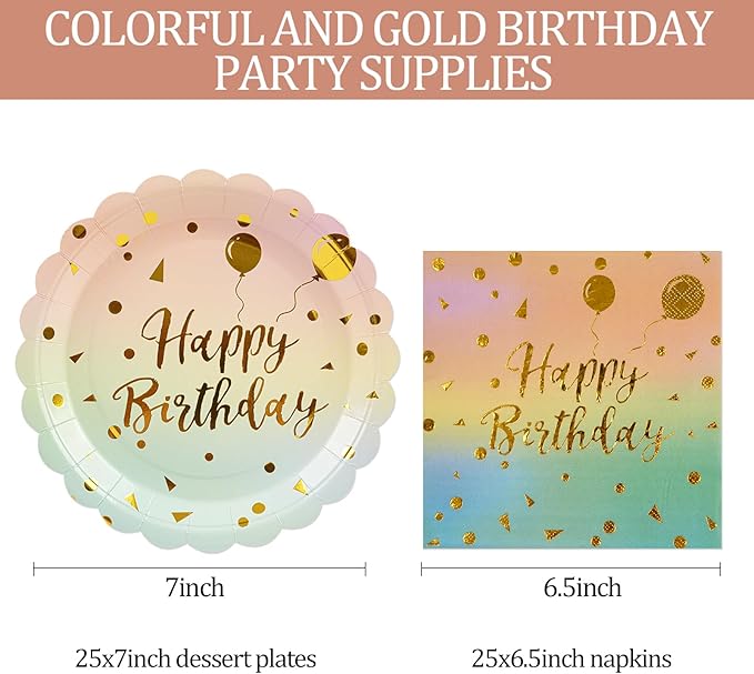 50PCS Happy Birthday Paper Plates and Napkins Set - 7 Inch Colorful and Gold Birthday Cake Plates Scalloped Dessert Plate Disposable Tableware for Birthday's Party Supplies Decorations