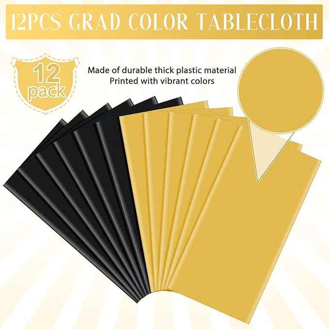 12 Pcs Black and Gold Plastic Tablecloths Bulk,54 x 108 Inch Disposable Rectangle Party Table Cloth Waterproof Table Cover for Birthday Wedding Anniversary Graduation Party Decorations Supplies