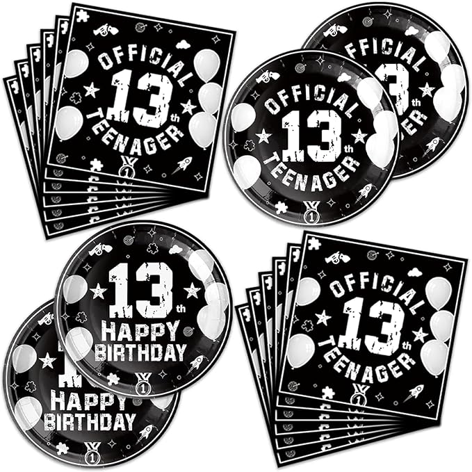 40Pcs 13th Birthday Party Decorations Plates Disposable Tableware Include Plates and Napkins For 20 Guests 13th Birthday Decorations for Boys Girls
