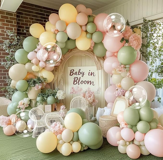 Pink Green Yellow Balloon Arch Kit, Double Stuffed Sage Green Pastel Pink Yellow White Sand Balloon Garland Beige Cream Balloons for Baby Shower Birthday Wedding Bridal Fairy Flower Tea Party Decor