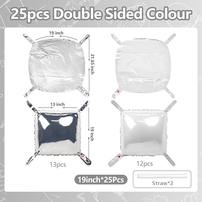 NISOCY 25PCS Metallic Silver and Pearl White Square Foil Balloons Wall Backdrop Double Sided Silver and White Balloons Arch Kit for New Year Birthday Engagement Wedding Bridal Shower Party Decorations