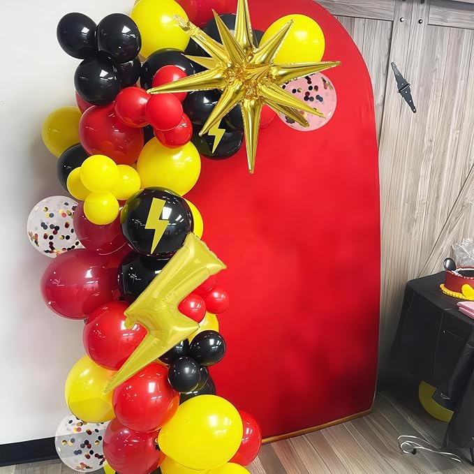 Red Yellow Black Balloons, Cartoon Theme Balloons with 36 Inch Lightning and 22 Inch Star Foil Balloon, Red Black Yellow Confetti Lightning Printed Balloon for Kids Boys Birthday Anime Party Decor