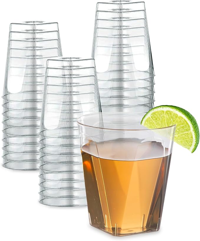 Prestee Clear Plastic Shot Glasses, 2 oz Disposable Shot Glasses - Bulk 100 Pack, Durable Small Cups for Shots, Mini Drinkware for Parties, Events, Reusable or Disposable - Crystal Clear Design