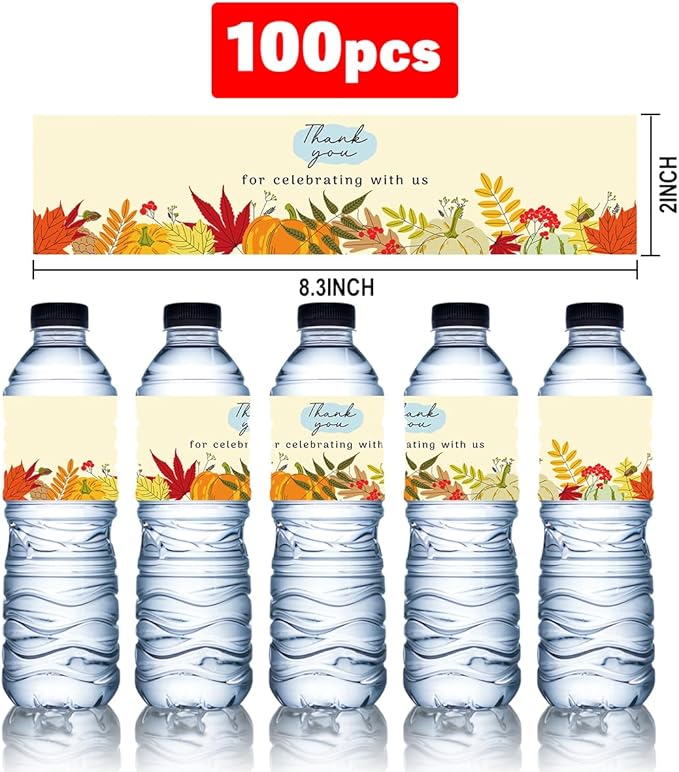 100Pcs Fall Thank You for Celebrating with Us Water Bottle Labels Fall Water Bottle Labels Sticker for Wedding Bridal Baby Shower Thanksgiving Birthday Party Table Decoration Supplies