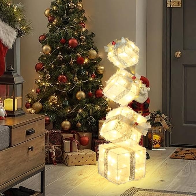 Christmas Lighted Gift Boxes Decorations Set of 4, 3.6Ft Stackable Christmas Nesting Boxes Battery Operated with Timer for Home and Party Decoration