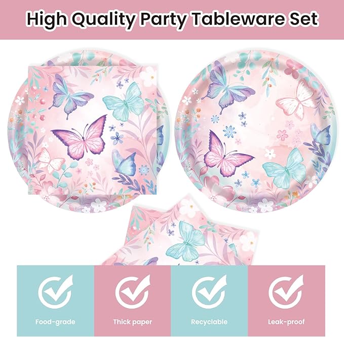 40Pcs Butterfly Plates and Napkins Party Supplies, Disposable Butterfly Birthday Party Paper Plates Napkins Tableware Set for Girl Butterfly Baby Shower Birthday Decorations (Butterfly)