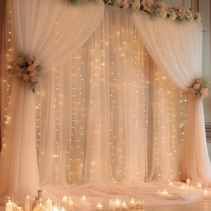 10ft x 10ft Champagne Backdrop Curtain with Lights String for Parties, Sheer Wedding Photo Backdrops Drapes for Baby Shower Birthday Party Decorations Background for Photography