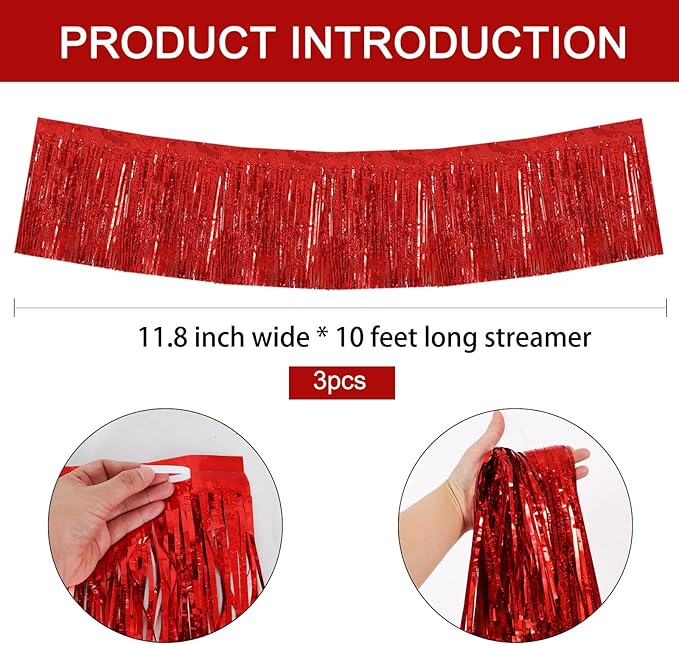 BEISHIDA 3 Packs Metallic Foil Fringe Garland Laser Red Wall Hanging Tinsel Fringe Banners for Car Floats Bridal Shower Wedding Birthday Easter Graduation Holiday Party Decoration(30 Feet)