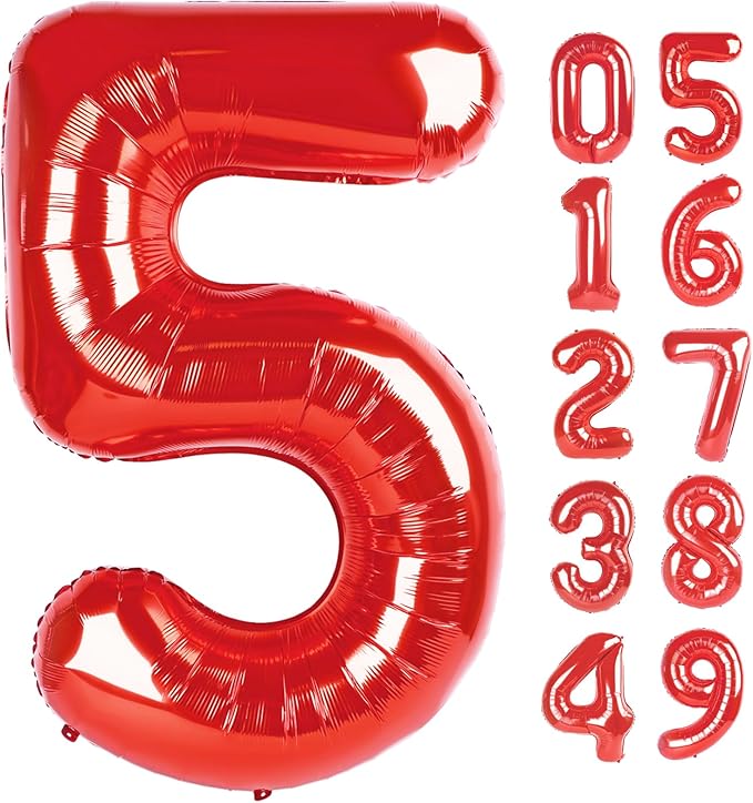 Number Balloon 40 Inch Red 5 Balloon, Five 5th Birthday Digital Foil Balloons For Boy Girl, 2025 Red Numbers 5 15 25 35 45 55 Birthday Party Decorations