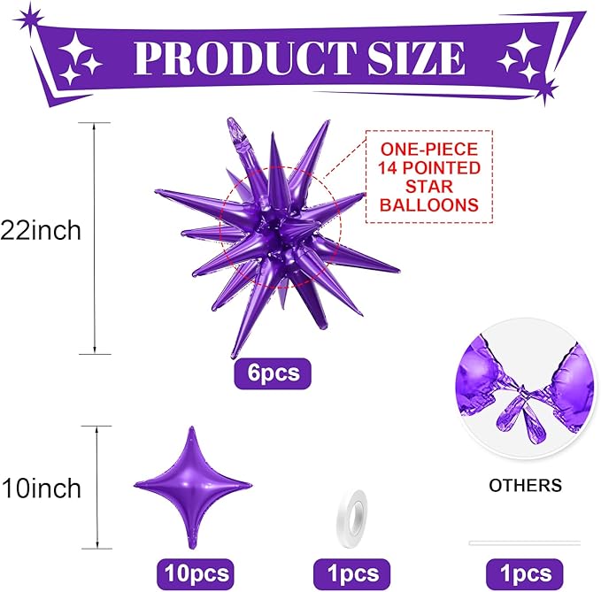 Purple Star Balloon,6Pcs 22Inch Explosion Star Balloons and 10Pcs 10Inch Four Angle Balloons Kit for Halloween Birthday Anniversary Graduation Baby Shower Wedding Party Decorations