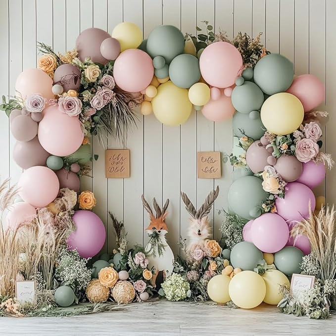 Dusty Green Pink Yellow Balloon Garland Double Stuffed Pastel Pink Yellow Haze Purple Green Floral Pastel Balloons Arch Kit for Birthday Wild Flower Baby Shower Wedding Garden Tea Party Decoration