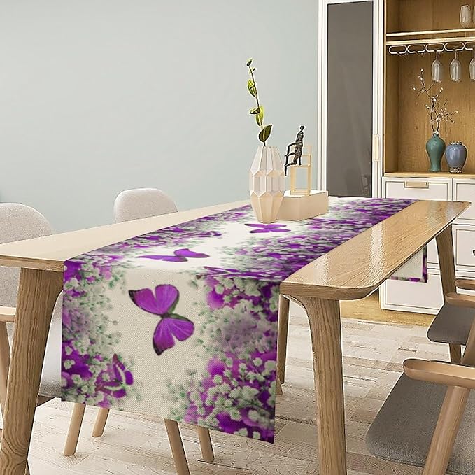 Floral Butterfly Spring Table Runner, Purple Flowers Seasonal Kitchen Dining Table Decoration for Home Party Decor 13x60 Inch