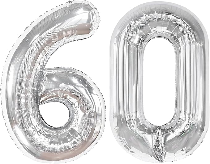 Silver Number 60 Balloon 40 Inch, 60th Birthday Party Decorations for Children, Giant 60 Foil Balloon for Party Supplies